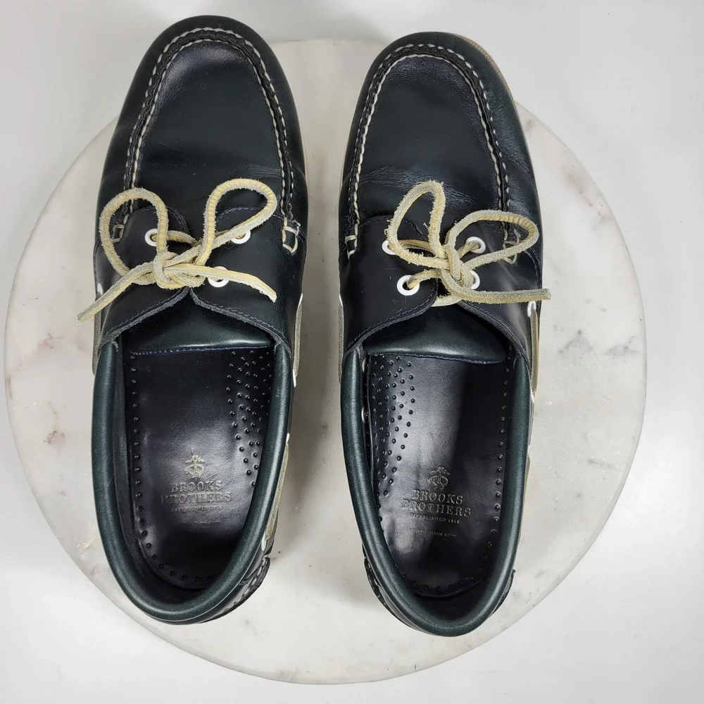 VTG Brooks Brothers Leather Deck Shoes Mens 10D Wide Navy Dock Siders Lace Up